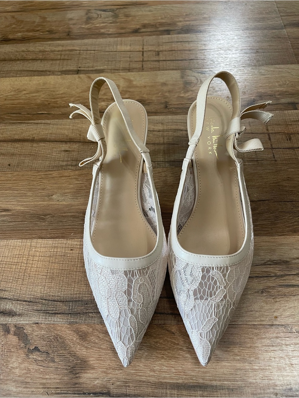 Pointed Ivory Lace Slingback Flats with Bow Detail